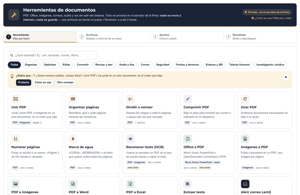 Catálogo de herramientas de documentos: unir PDF, organizar páginas, dividir, comprimir, OCR, Office a PDF y más.