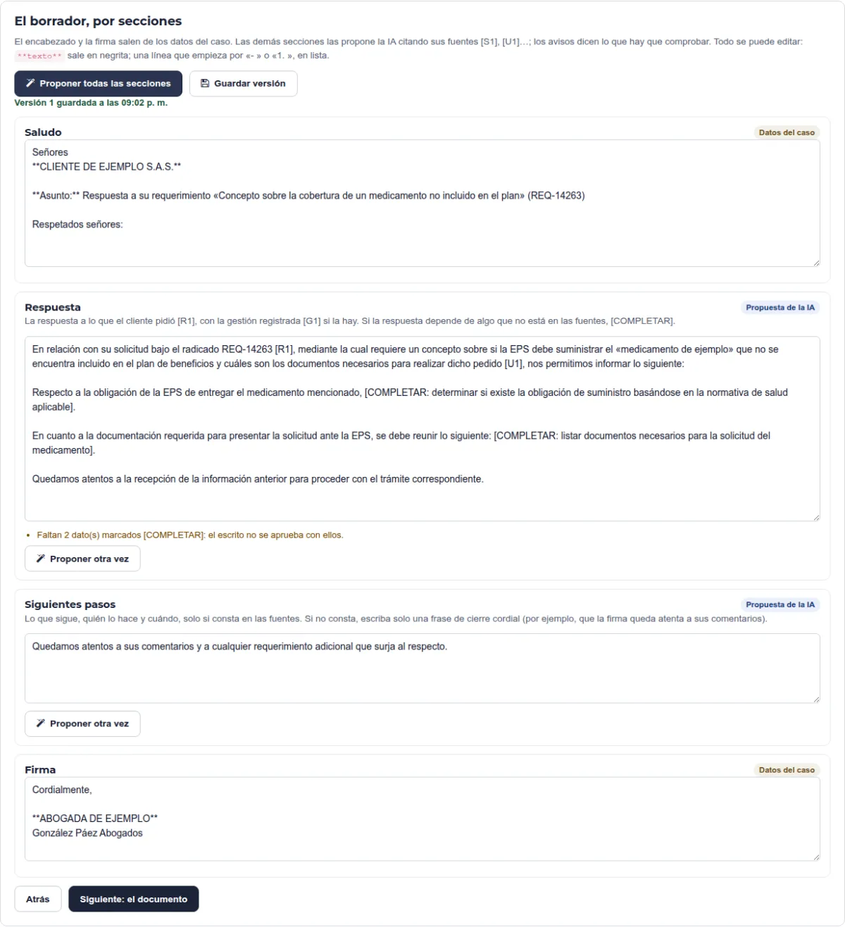 Borrador por secciones del Proyector de escritos, con saludo, respuesta y siguientes pasos para un cliente de ejemplo.