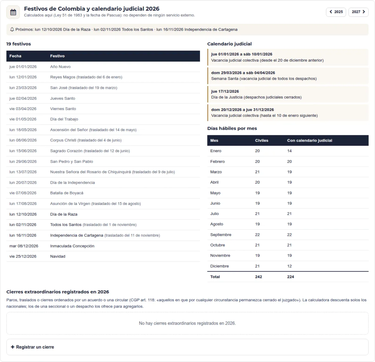Calendario de festivos de Colombia y calendario judicial 2026 con los días hábiles por mes.