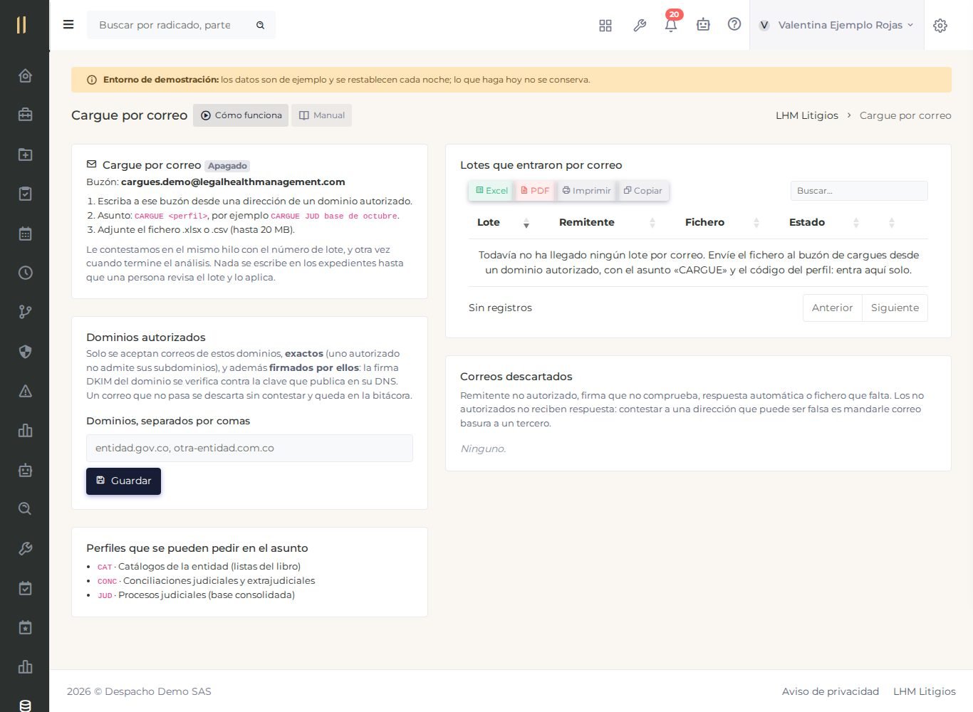 Pantalla de LHM Litigios en el ambiente de demostración: cargue por correo